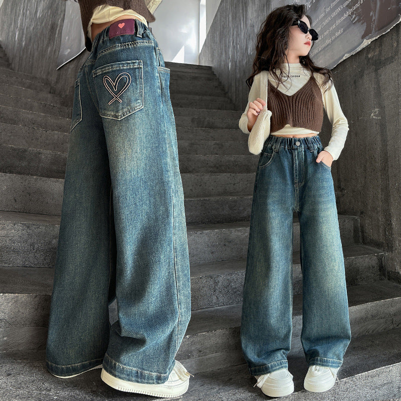 Girls Korean Style Wide Leg Cotton Denim Jeans Pants