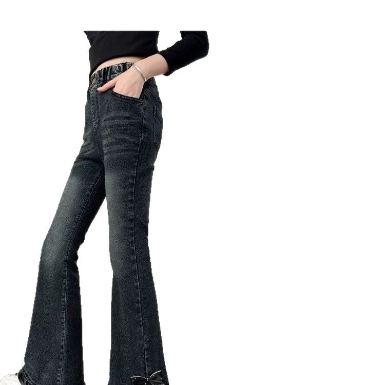 Girls Bow Flare Denim Jeans High Waist Casual Pants