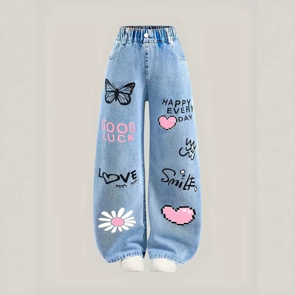 Girls Loose Wide Leg Denim Casual Jeans Pants