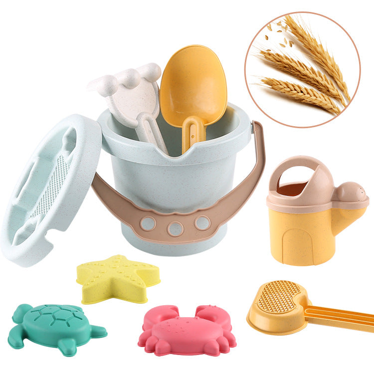Eco-Friendly Wheat Straw 9-Piece Beach Bucket & Sand Tool Set (Thickened Outdoor Play Bucket, Watering Can, Shovels, Rake & Sand Molds for Kids, Toddlers & Travel)