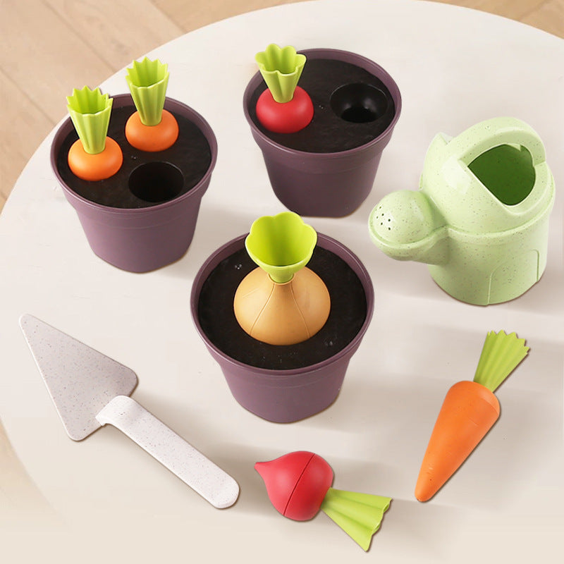 Eco-Friendly Wheat Straw Gardening & Vegetable Planting Pretend Play Set (Interactive Radish Potted Plant & Carrot Gardening Toy Kit with Sprinkler & Sand Digging Tools for Toddlers & Kids)