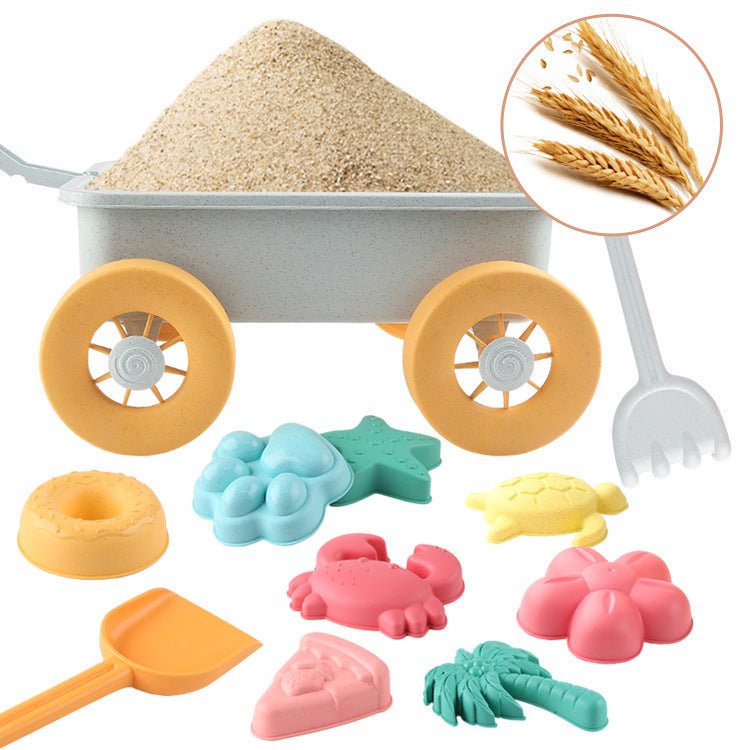 Eco-Friendly Wheat Straw 15-Piece Beach Trolley & Sand Mold Toy Set (Dopamine Pastel Pull Wagon, Sand Digging Shovels, Rake, Water Bucket & Animal Molds for Kids & Toddlers)