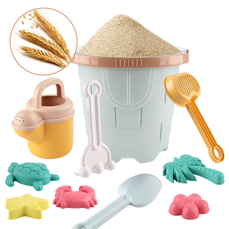 Eco-Friendly Wheat Straw 12-Piece Beach Bucket & Sand Tool Set (Oversized Outdoor Play Bucket, Sand Shovels, Hourglass Funnel & Castle Molds for Kids & Toddlers in Yellow & Blue)