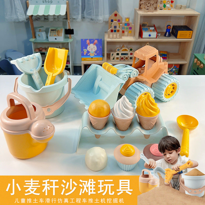 Eco-Friendly Wheat Straw Children's Beach Toy & Sand Digging Set (Outdoor Water & Sand Play Bucket, Shovels, Rake, Trucks, Ice Cream Molds & Hourglass Tools for Toddlers & Kids)