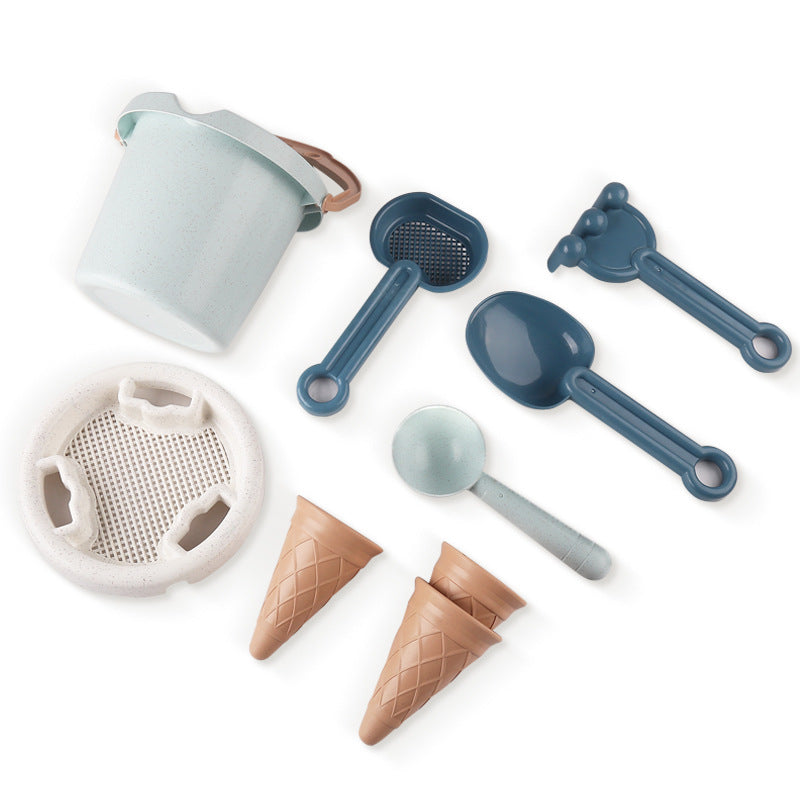 Eco-Friendly Wheat Straw 9-Piece Beach Bucket & Sand Tool Set (Thickened Outdoor Play Bucket, Shovels, Rake, Sifter & Molds for Kids, Toddlers & Travel)
