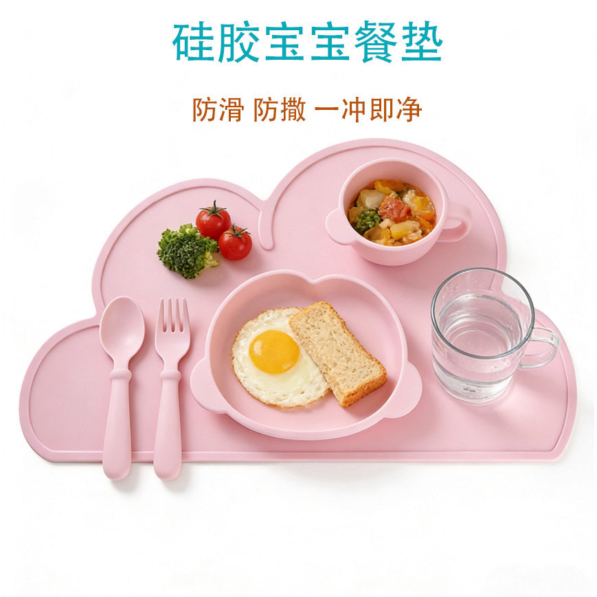 Cloud-Shaped Food-Grade Silicone Baby Placemat (Non-Slip Waterproof Table Mat, Easy-to-Clean Heat-Resistant Feeding Placemat for Toddlers & Infants in Blue, Gray, Pink, Green & White)
