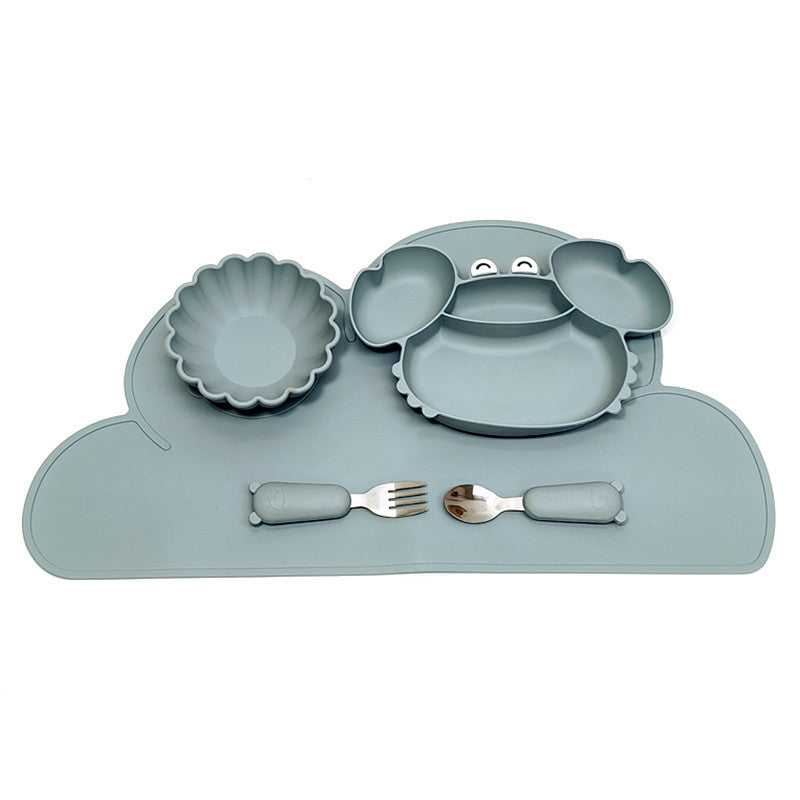 5-Piece Food-Grade Silicone Baby Feeding Tableware Set (Cute Crab 4-Grid Suction Plate, Pumpkin Suction Bowl, Cloud Non-Slip Placemat & Bear Training Cutlery Set for Toddlers Ages 12+ Months)