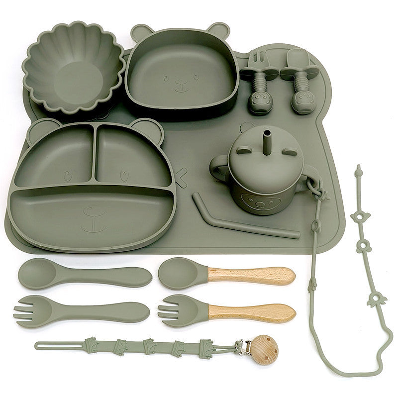 13-Piece Food-Grade Silicone Baby Feeding Tableware Set (Bear 3-Grid Suction Plate, Pumpkin & Bear Bowls, Non-Slip Mat, Sippy Cup, Training Utensils & Toy Tether for Toddlers Ages 12+ Months)
