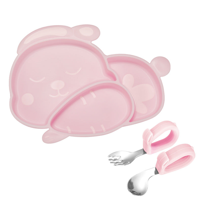 Cute Rabbit-Shaped Food-Grade Silicone 3-Compartment Baby Suction Plate Set (Non-Slip Integrated Toddler Placemat Plate with Fork & Spoon Options for Ages 6+ Months in Green, Blue, Pink & Creamy White)