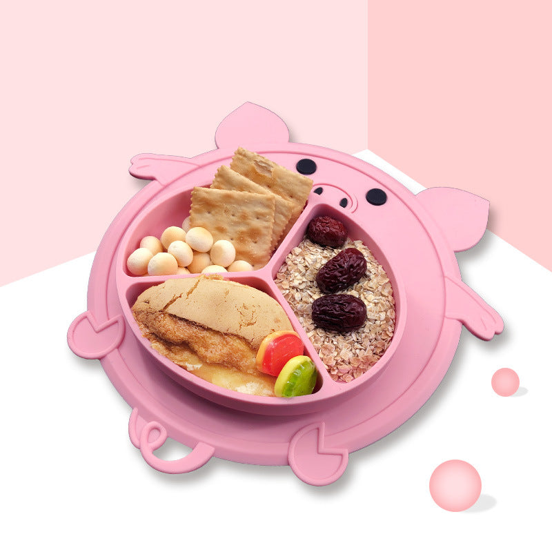 Cute Piggy-Shaped Food-Grade Silicone 3-Grid Baby Suction Plate Placemat (All-in-One Divided Toddler Training Tray, Non-Slip Integrated Feeding Mat for Infants Ages 3+ Months in Pink, Green & Blue)