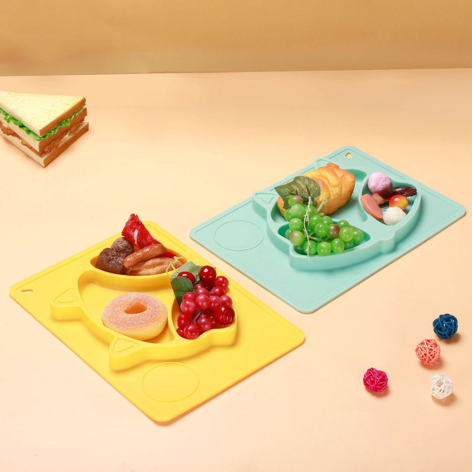 Patented Food-Grade Silicone Fox Integrated Baby Suction Plate Placemat (Non-Slip Divided Toddler Feeding Tray, Heat-Resistant Food Supplement Plate for Ages 12+ Months in Yellow, Green & Blue)