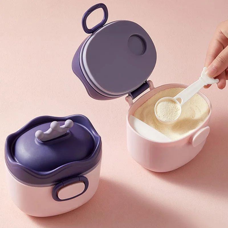 Portable Baby Milk Powder Container (Sealed Moisture-Proof Formula Storage Tank & Infant Cereal Sub-Box, Crown & Lanyard Styles in Apricot, Purple Pink & Tender Green, Medium ~30 Scoops & Large ~60 Scoops with Optional 3-Piece Bottle Brush Sets)