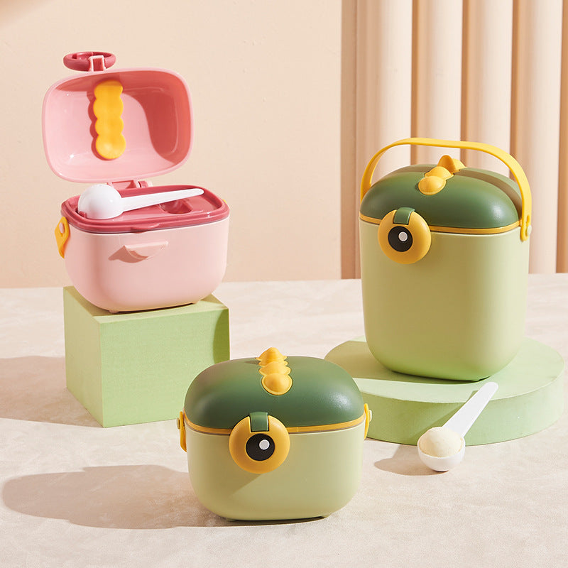 Portable Baby Formula Box (Sealed Moisture-Proof Powder Storage Container & Infant Rice Cereal Dispenser, Item No. kk8838/kk8839, Food-Grade PP & Silicone, Small 400ml & Large 800ml in Dinosaur Pink, Dinosaur Green & Mini/Character Editions)
