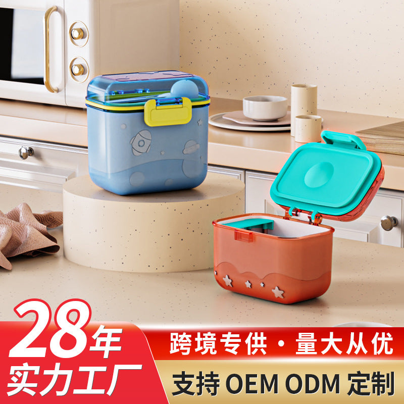 Double Layer Portable Baby Milk Powder Container (Sealed Moisture-Proof Formula Storage Box & Infant Rice Cereal Dispenser, Item No. R1851/R1852, 360ml & 480ml in Star Blue & Coral Red)