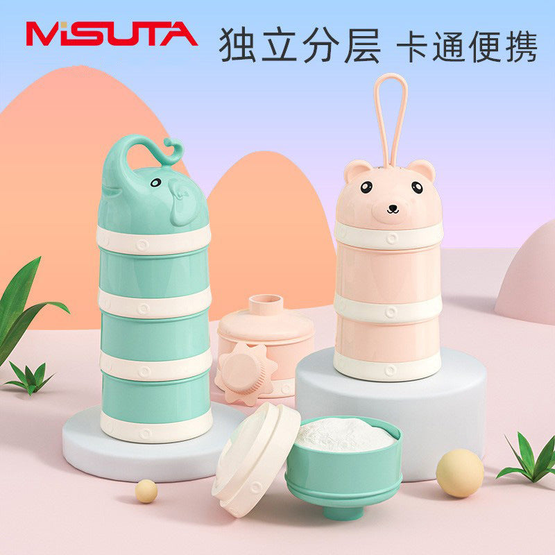 3-Layer Stackable Portable Baby Milk Powder Storage Box (Airtight Independent Formula Dispenser & Rice Cereal Compartment Container, Item No. MST6658, Bear & Elephant Designs in Macaron Green & Macaron Pink)