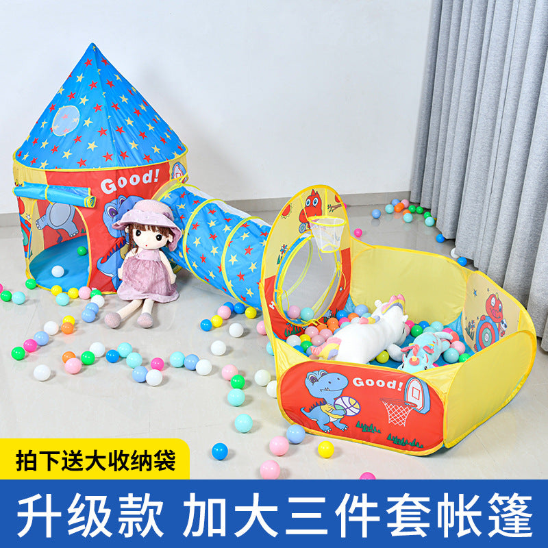 Children Three-Piece Castle Playhouse Tent Crawling Tunnel and Ocean Ball Pool Set