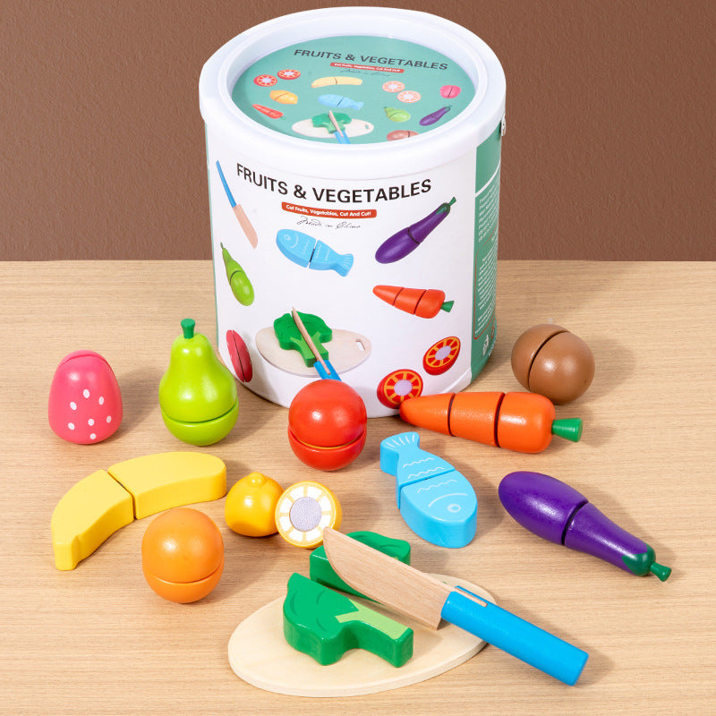 Children's Wooden Magnetic Fruit & Vegetable Cutting Play Set Bucket Kitchen Pretend Toy