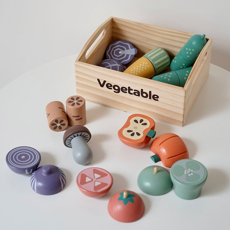 Children's Pretend Play Wooden Simulation Kitchen & Fruit Cutting Toy Set with Storage Box