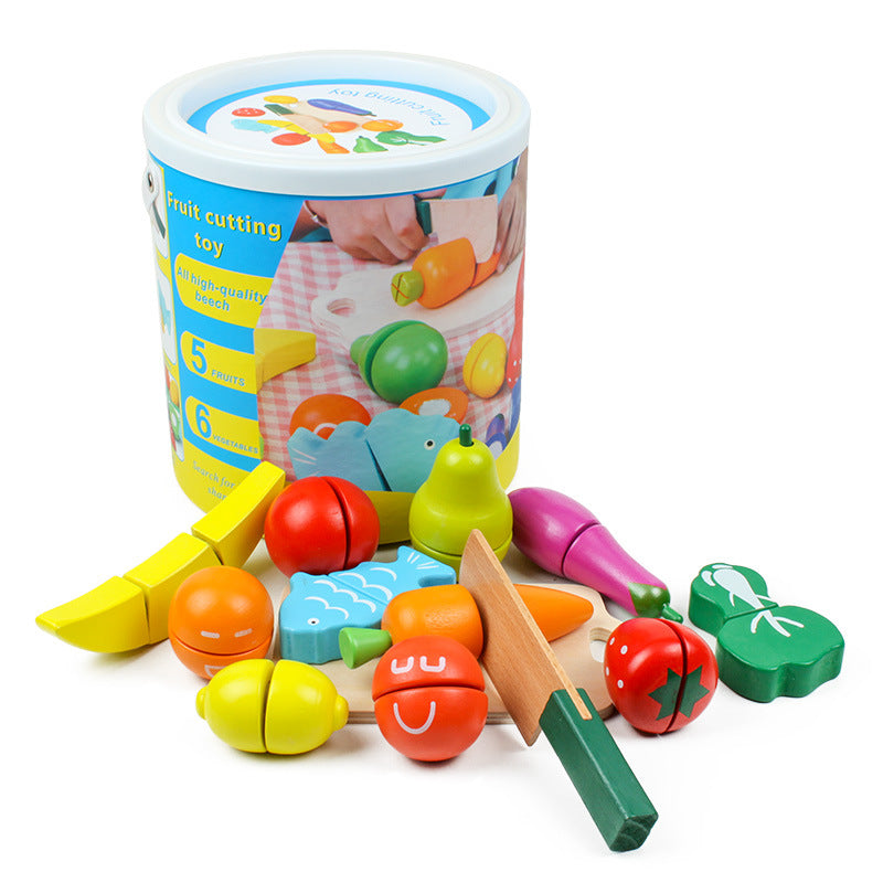 Children's Wooden Barrel Fruit & Vegetable Cutting Play Set Early Education Toy