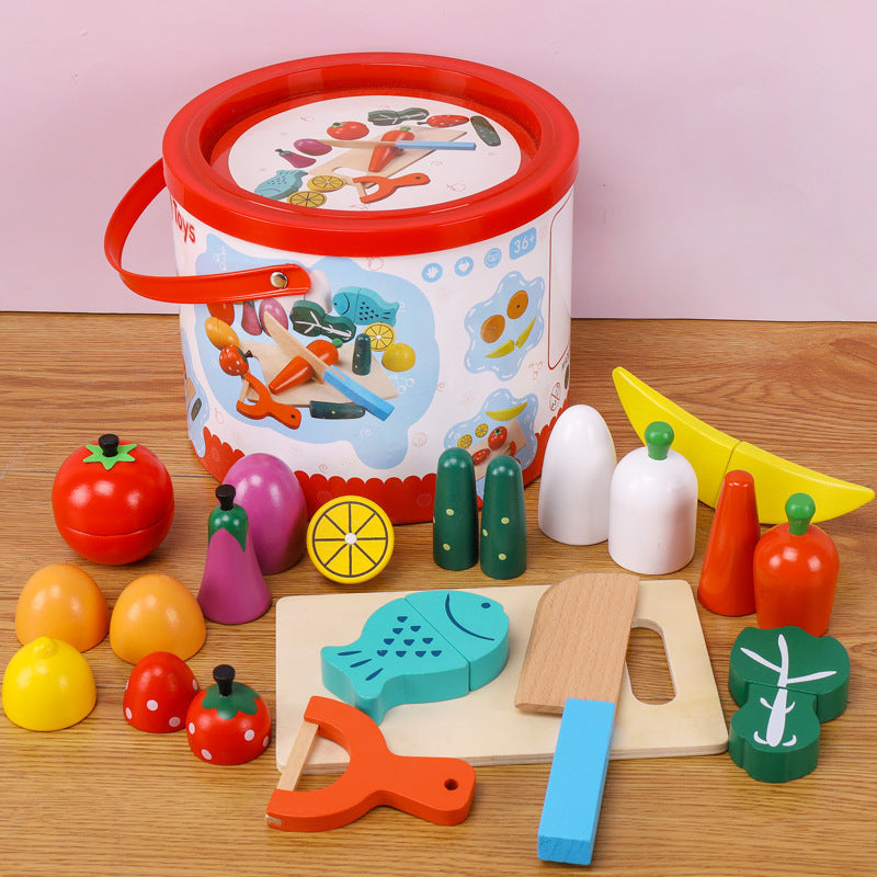 Children's Wooden Barreled Fruit Cutting Pretend Play Toy Set