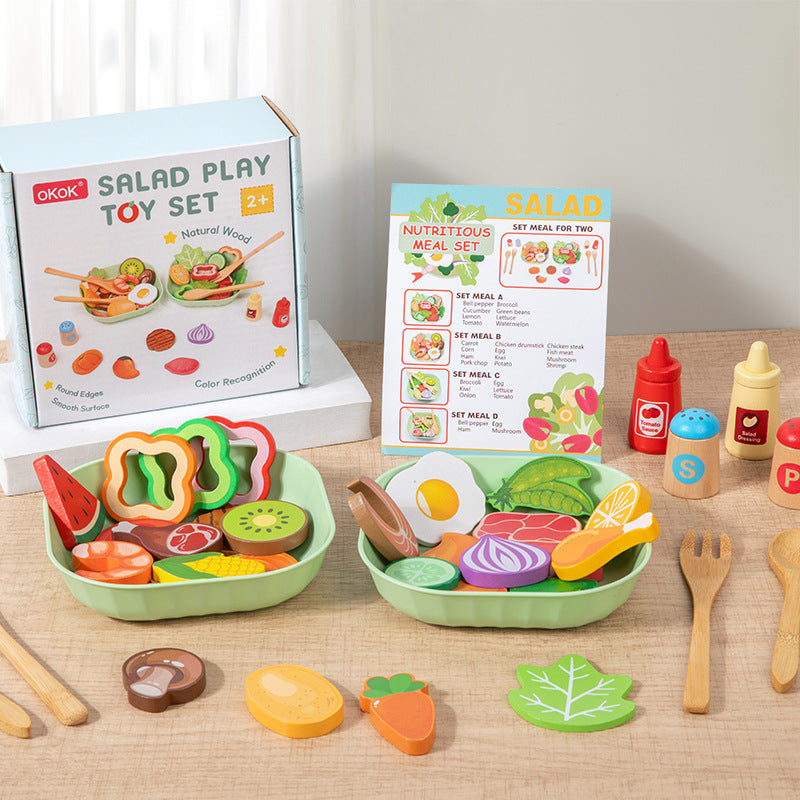 Children's Wooden Pretend Play Salad Making Toy Set with Color Box Packaging