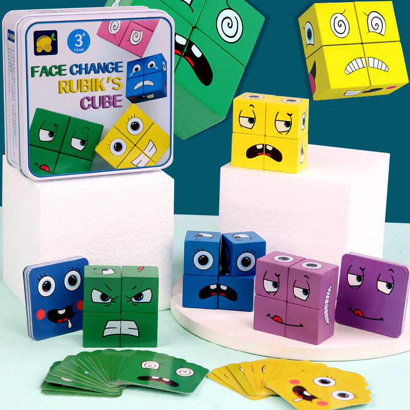 Children's Wooden Face-Changing Expression Cube Puzzle Set with Iron Box