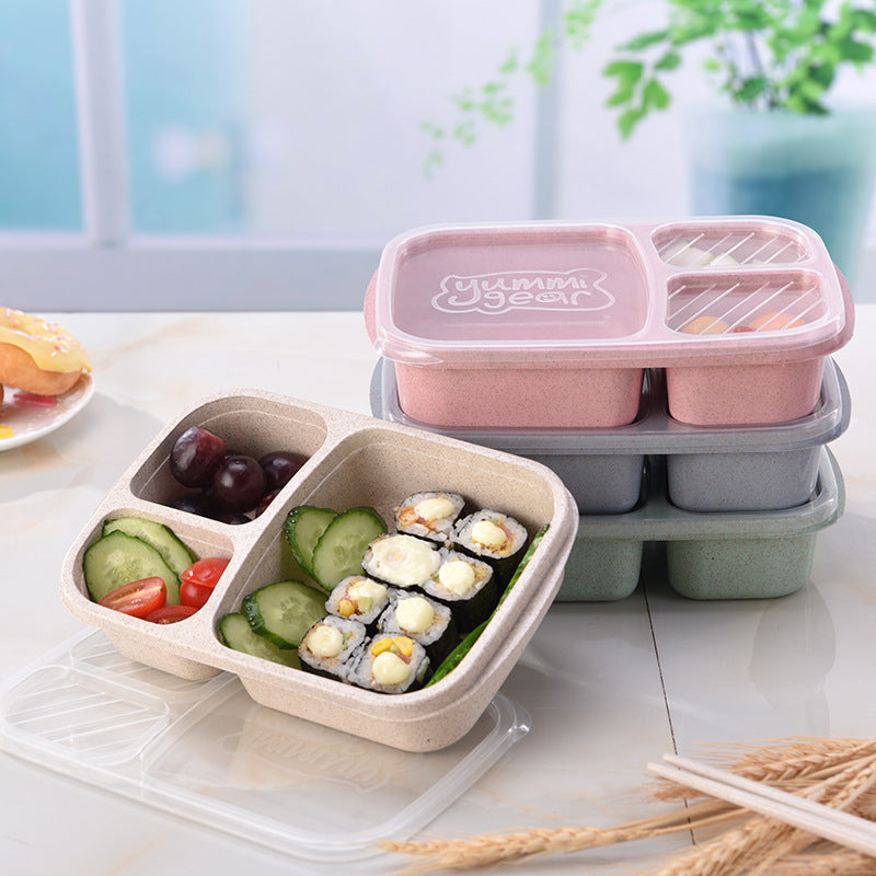 Eco-Friendly Wheat Straw 3-Compartment Bento Lunch Box (800–1000ml)