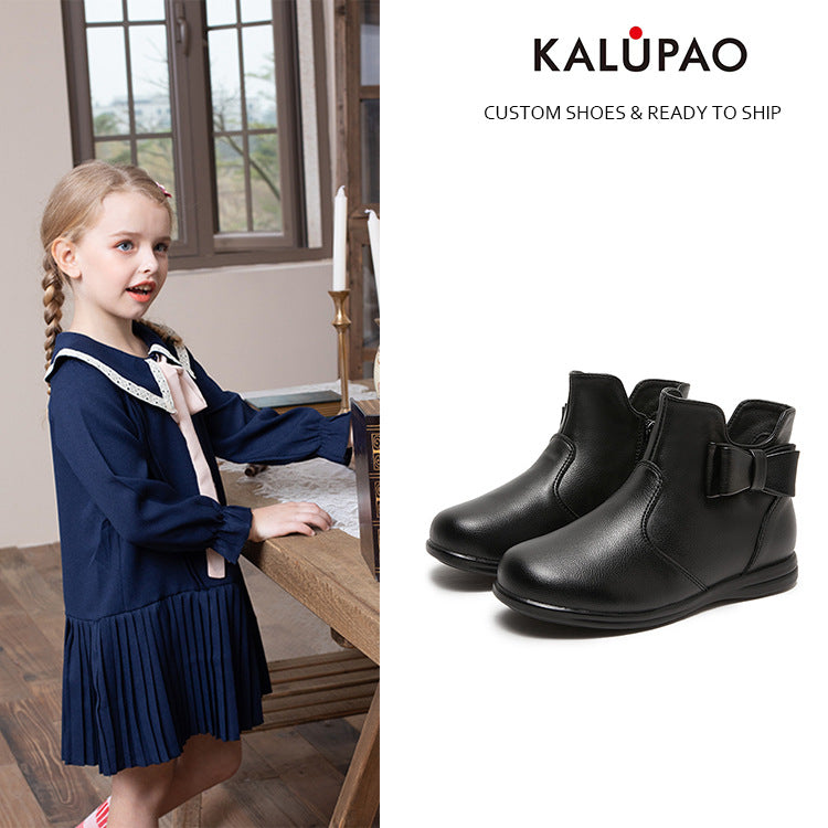 Girls Genuine Leather Bowknot Low Short Boots - Breathable Anti-Slip Kids Shoes