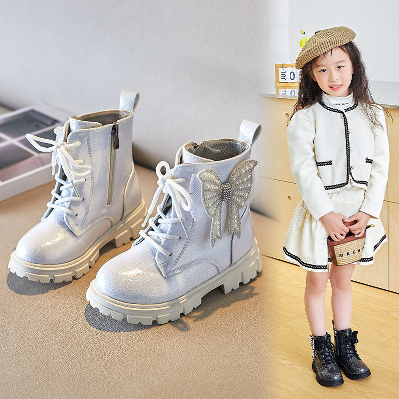 Girls Metallic Bowknot Low-Cylinder Martin Boots - Korean Style Side-Zipper Ankle Boots