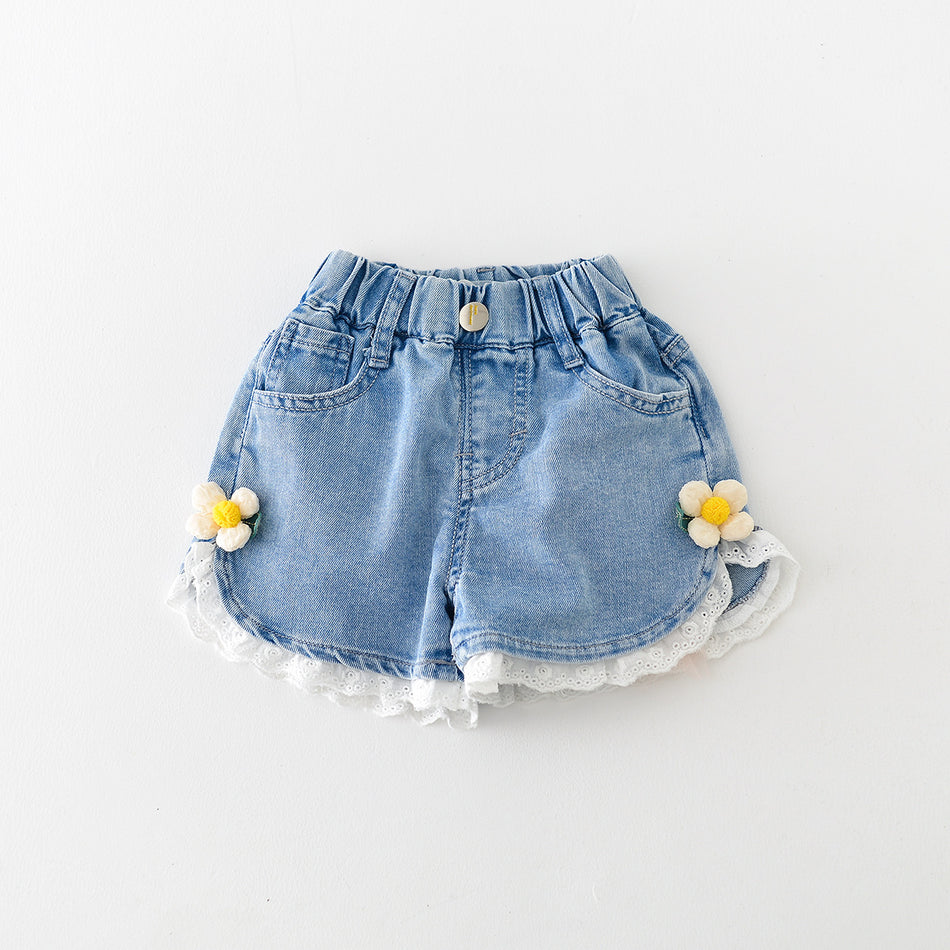 Girls Cotton Sweet Denim Shorts - Summer Floral Lace-Trimmed Soft Hot Pants