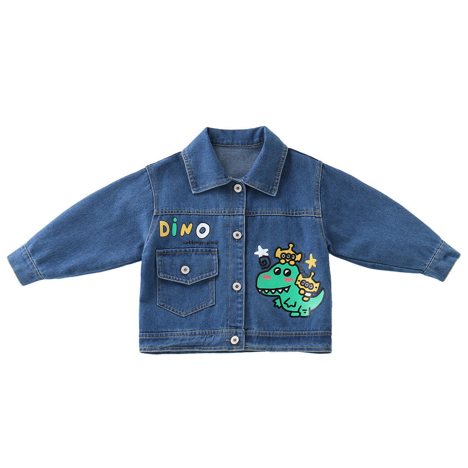 Boys' Dark Blue Dinosaur Print Denim Jacket