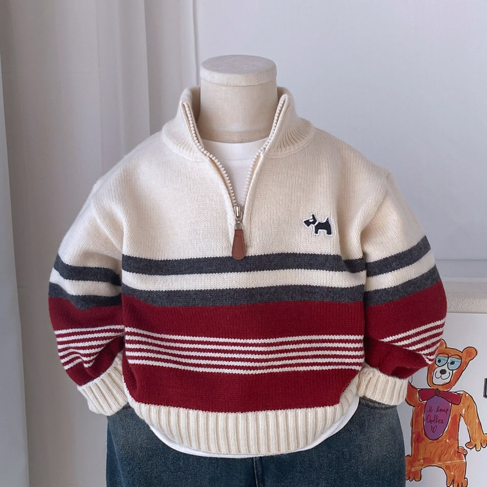 Boys’ Half-Zip Knit Sweater Stand Collar Retro Pullover