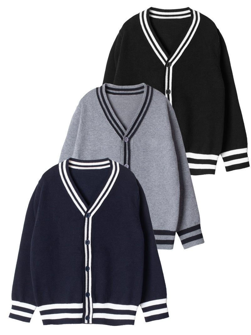 Boys' Cotton V-Neck Striped Cardigan Sweater College Style