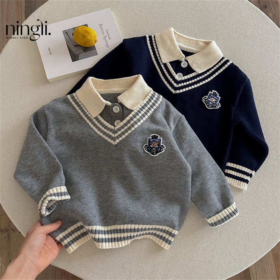 Boys' Thick Cotton Knit Sweater with Layered Lapel Design