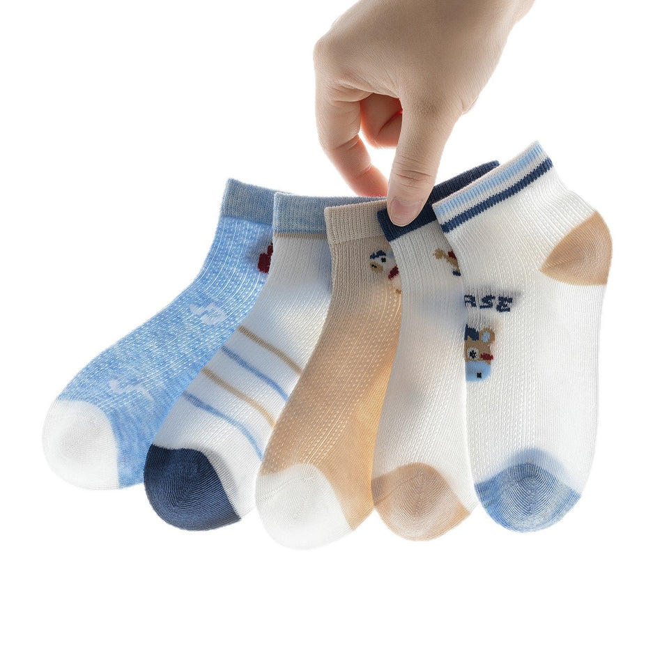 PACK OF 5-Kids’ Cotton Mesh Ankle Socks, Breathable Seamless Sports Socks for Boys
