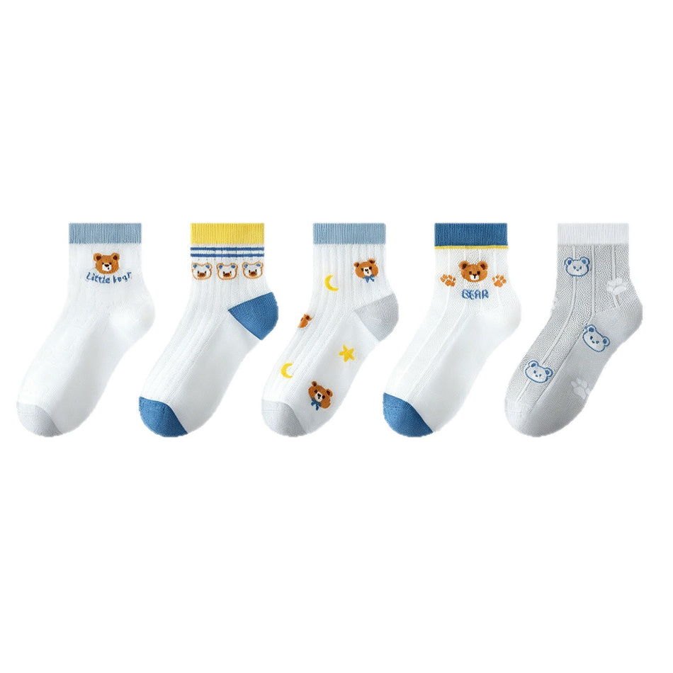 PACK OF 5-Boys’ Cotton Mesh Socks, Breathable Mid-Calf Cartoon Bear Socks