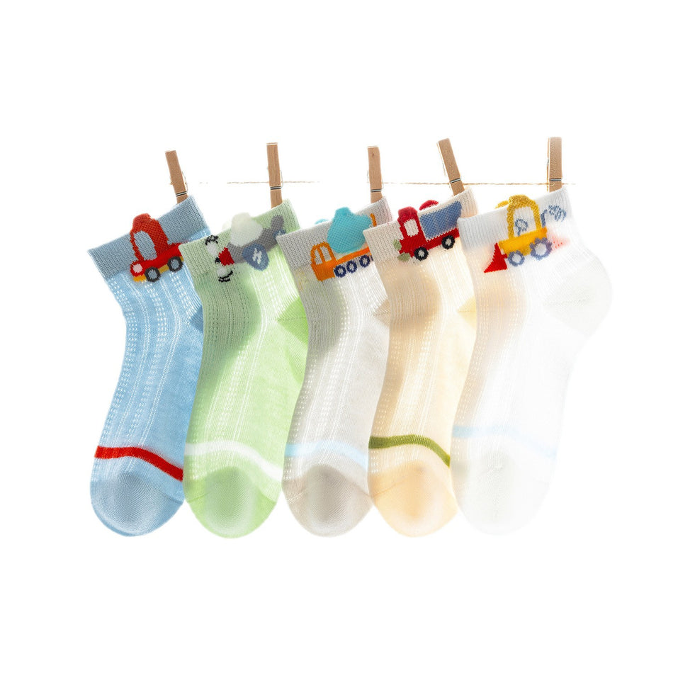 PACK OF 5-Boys’ Cotton Mesh Socks, Breathable Mid-Calf Cartoon Sports Socks