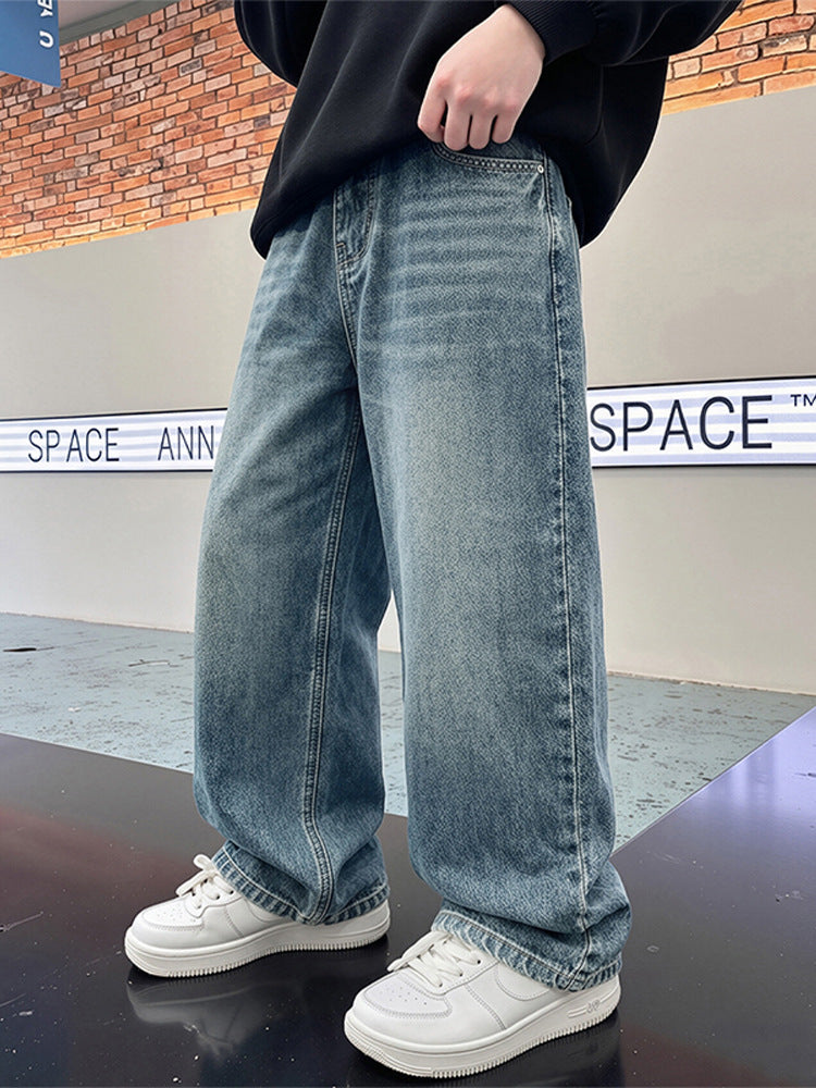 Boys Wide-Leg Denim Jeans, Casual Cotton-Blend Pants