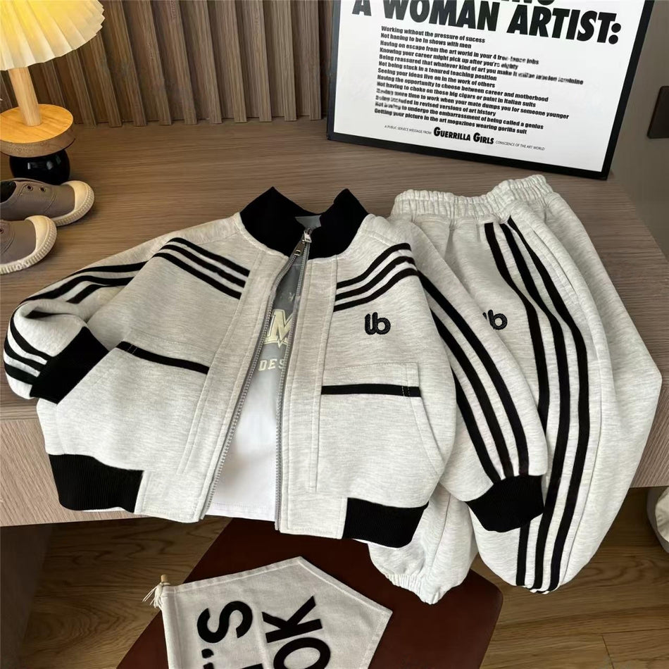 Boys' Korean Two-Piece Set – Striped Zip Jacket & Pants