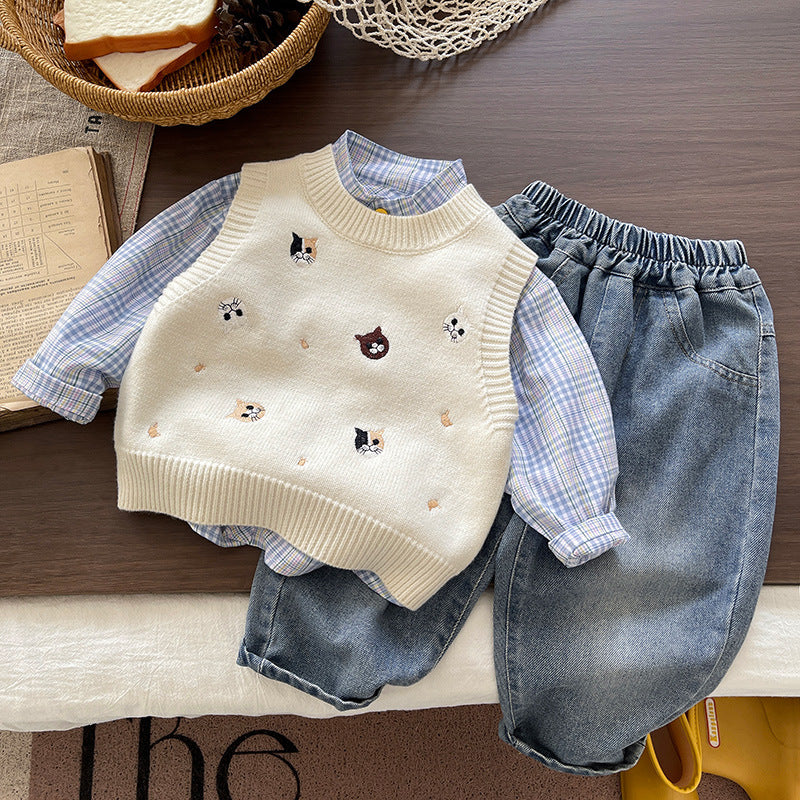 Boys' Knitted Vest Three-Piece Suit with Cotton Trousers