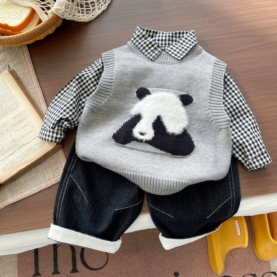 Boys' Cotton Panda Knitted Vest Three-Piece Outfit Set