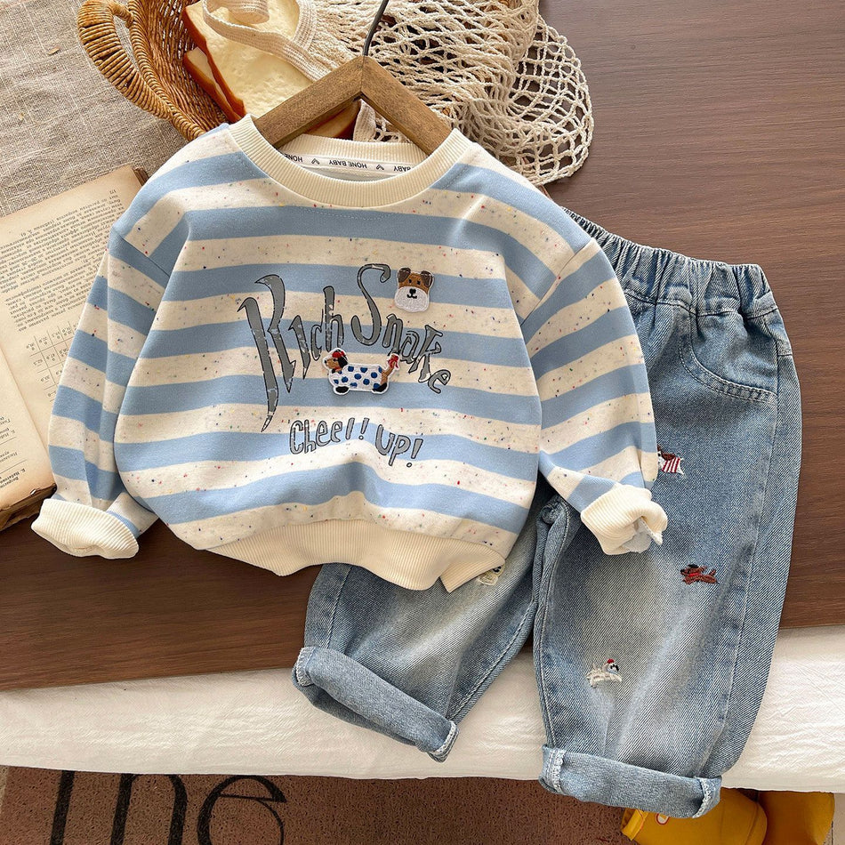 Boys' Cotton Striped Sweater and Jeans Three-Piece Set