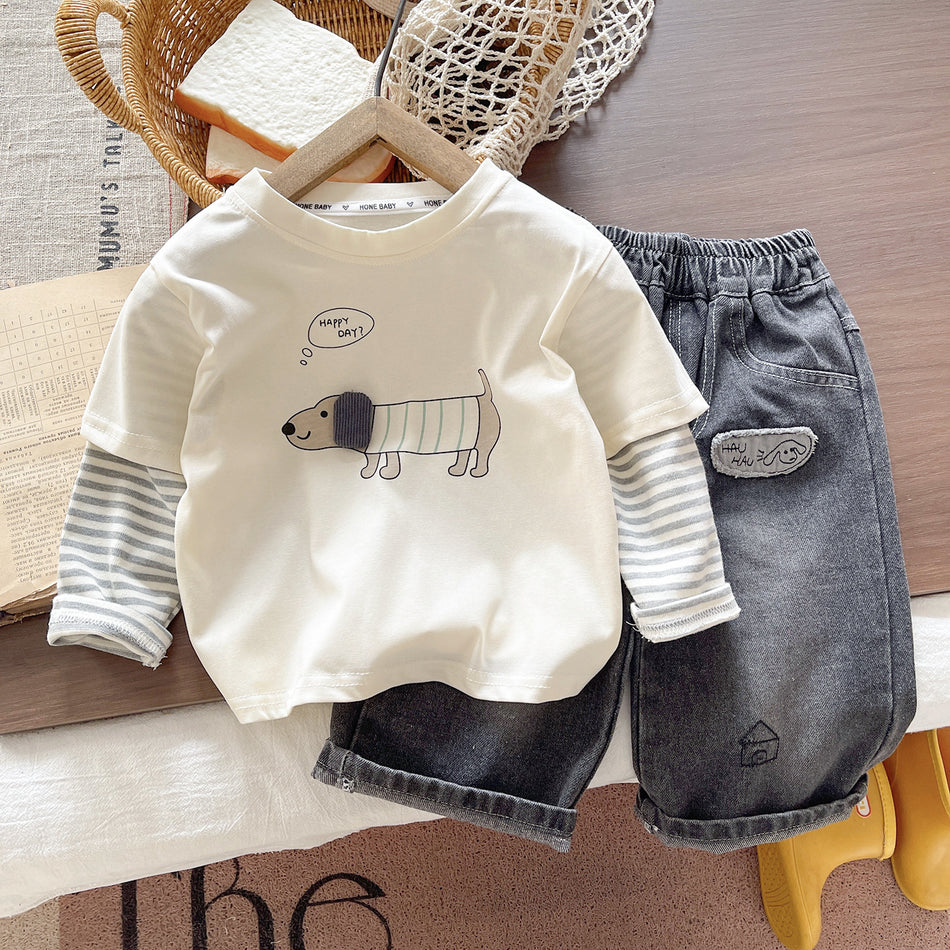 Boys' Cotton Cartoon T-Shirt and Jeans Two-Piece Set