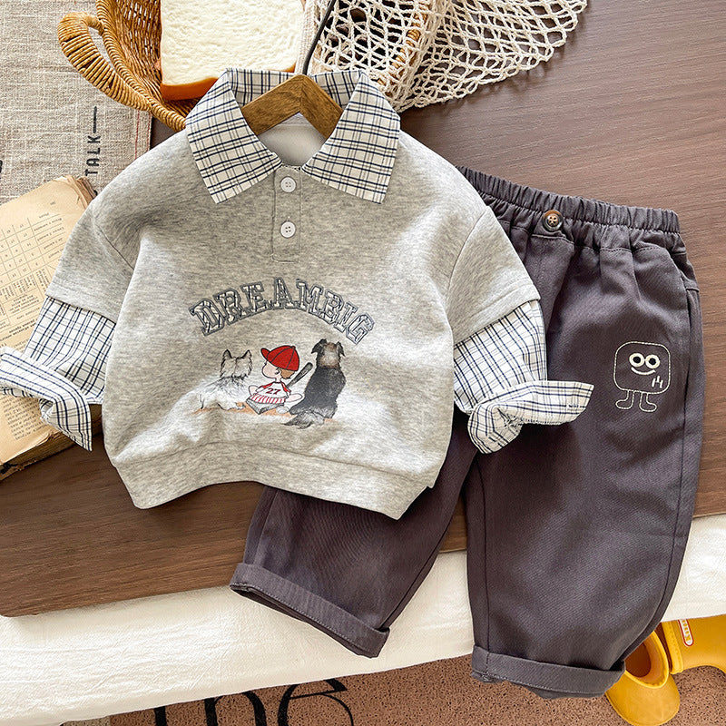 Boys' Plaid Patchwork Cartoon Sweatshirt Casual Two-Piece Set