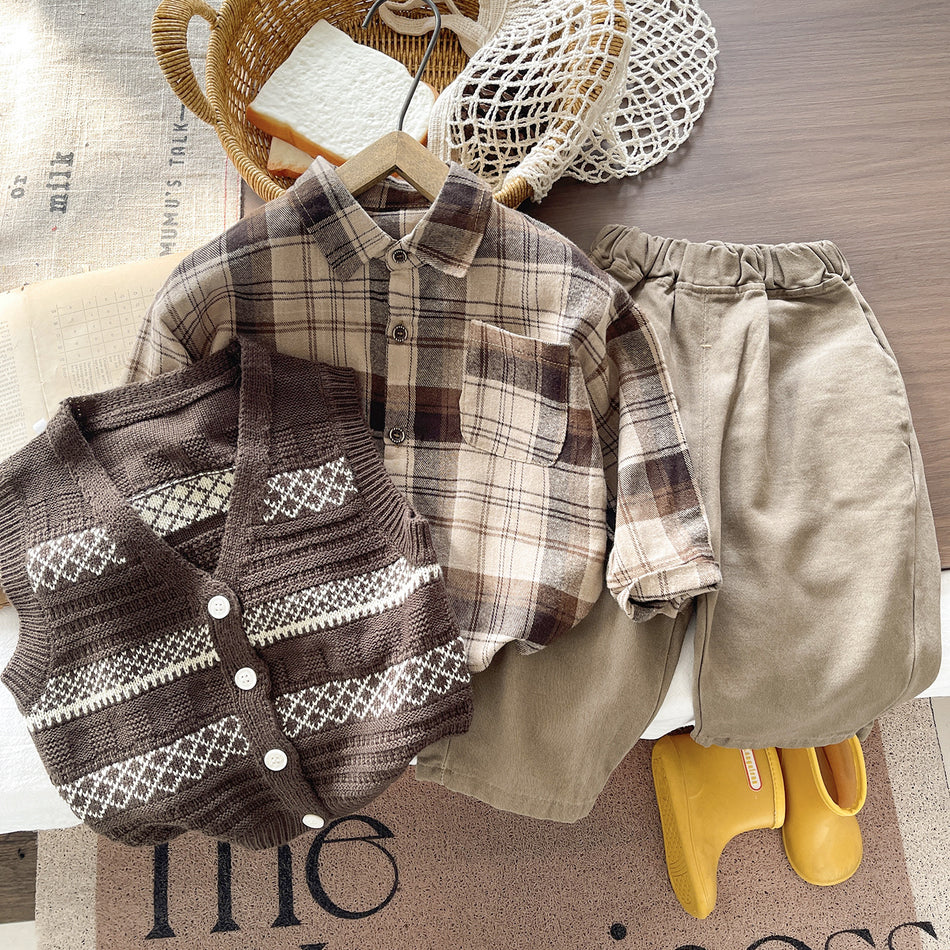 Boys' Cotton Cardigan Vest and Plaid Shirt Three-Piece Set