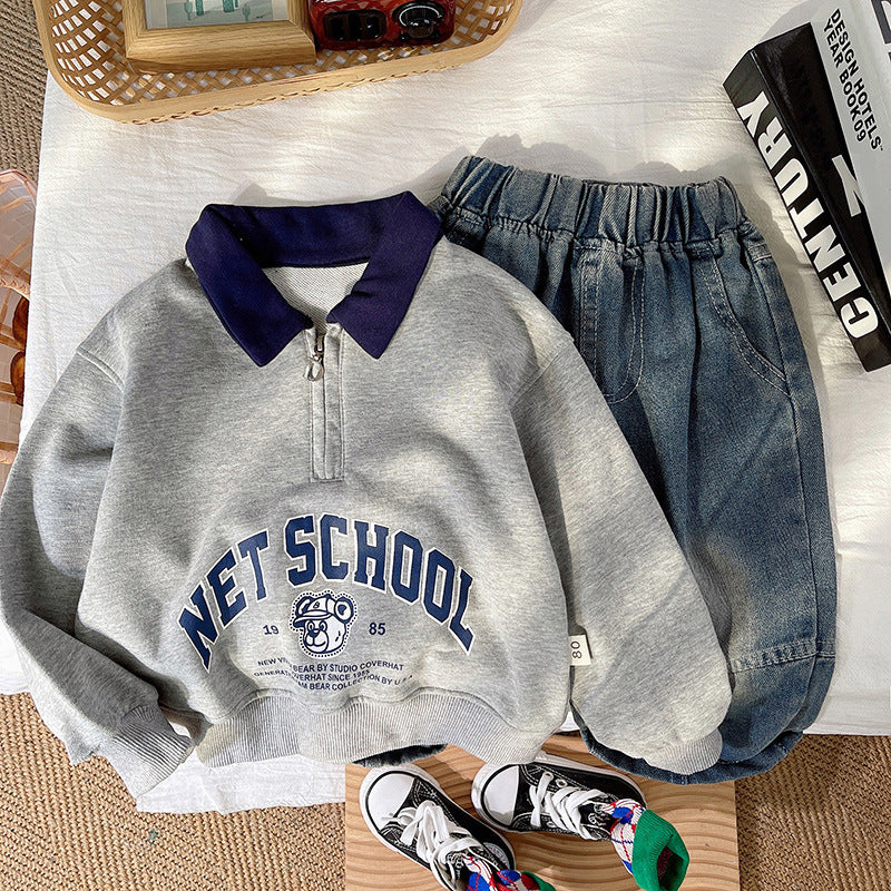 Boys' Cotton Cartoon Sweatshirt and Denim Shorts Two-Piece Set