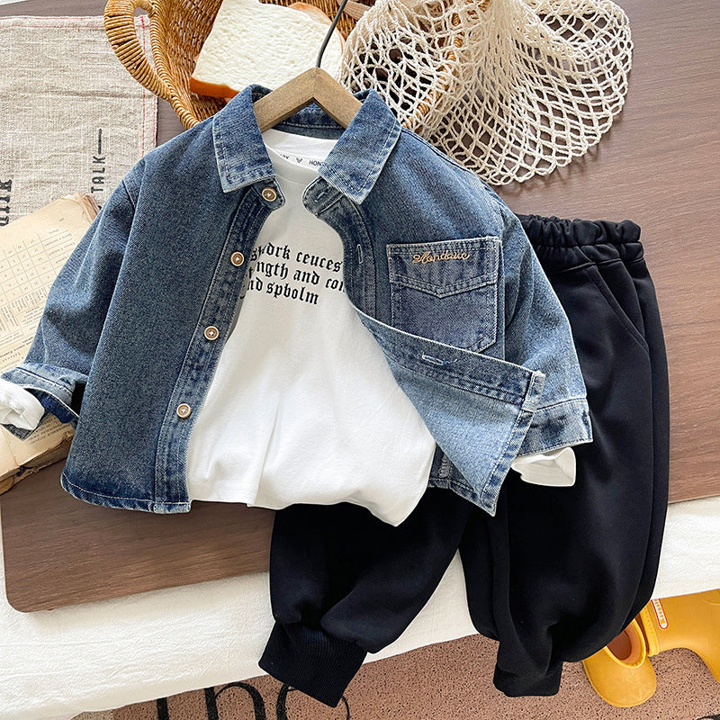 Boys' Cotton Denim Shirt Jacket Three-Piece Outfit Set