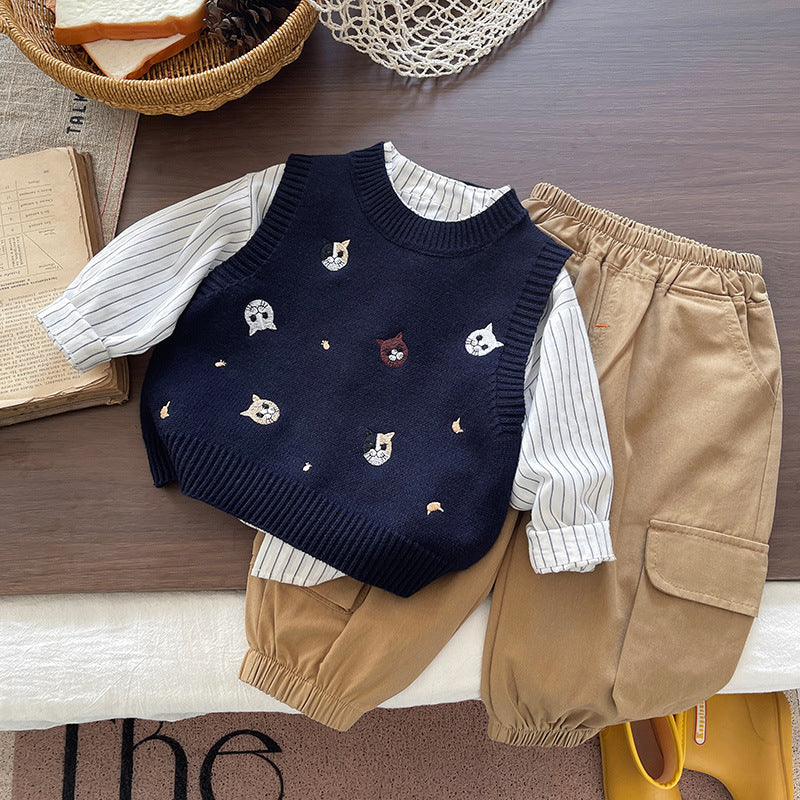 Boys' Cotton Knitted Vest and Striped Shirt Three-Piece Set
