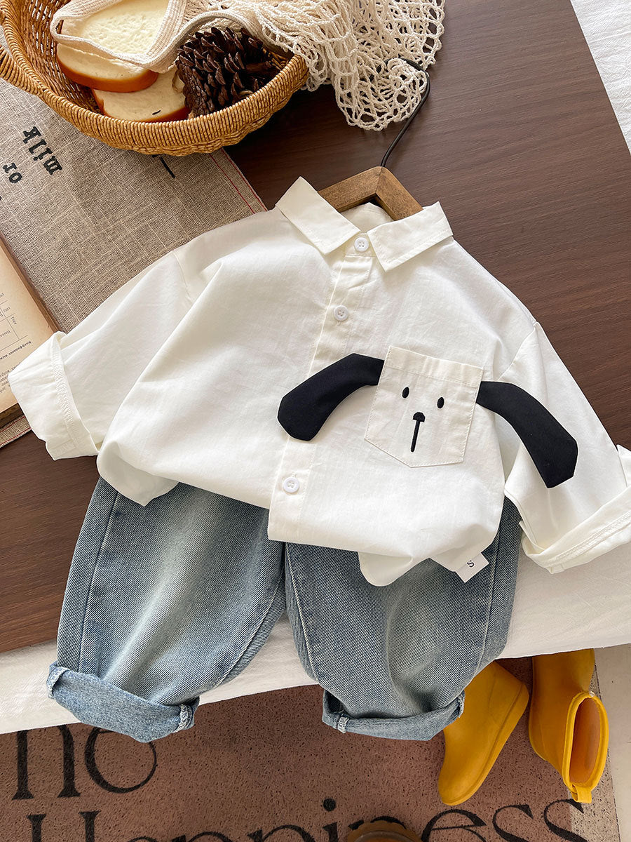 Boys' Pure Cotton Dog Shirt and Denim Pants Two-Piece Set