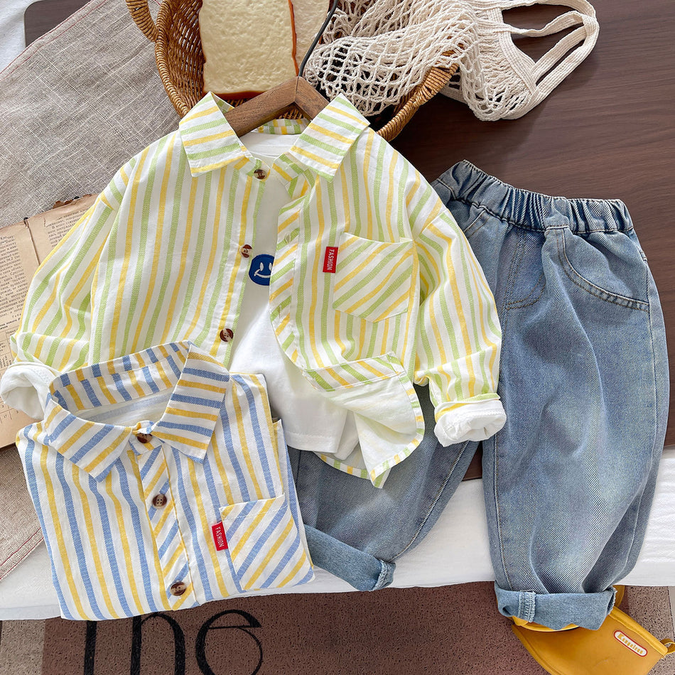 Boys' Cotton Striped Shirt and Jeans Three-Piece Set